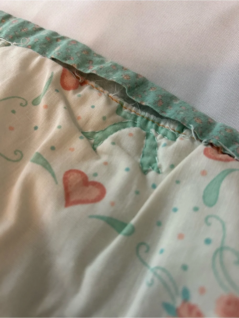 Vintage Hand Stitched Baby Quilt Blanket Mint Green Coral Baby Doll Animals